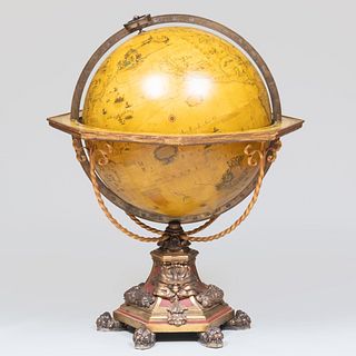 Large Italian Brass-Mounted Polychrome Painted and Parcel-Gilt Terrestrial Facsimile Library Floor Globe, After V. Cornelli, Modern 