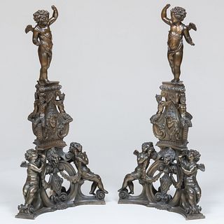 Pair of Napoleon III Patinated-Bronze Andirons, Stamped F. Barbedienne