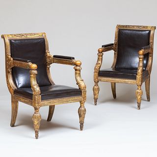 Fine Pair of Italian Neoclassical Giltwood Armchairs, Florence