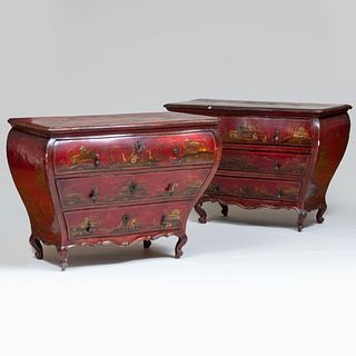 Two North Italian Red Lacquer and Parcel-Gilt Commodes