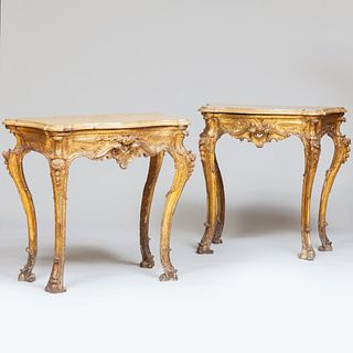Pair of Italian Gilt-Varnished Silver 'Mecca' Console Tables, Naples