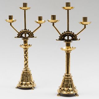 Pair of English Aesthetic Movement Convertible Brass Candlesticks, in the style of Pugin