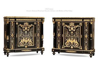 A Pair of 19th C. French Ebonized Wood Bronze Mother of Pearl Inlay Cabinets
