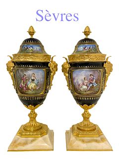 A Pair of 19th C. French Sevres Cobalt Figural Bronze Mounted Lidded Urns