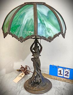 c1915 art nouveau figural metal base table lamp w/ slag glass shade was originally a gas lamp