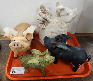 tray pigs w/ wings cast iron bank 6"h x 9 1/2"l, 7 1/2"h x 12"l, 4 3/4"h x 7"l and pottery 11"h x 8"l