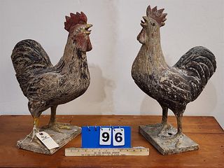 lot 2 Pierre Deux carved wooden roosters 21"h x 8 3/4"w x 13"d and 20 1/2"h x 8 3/4"w x 13 1/2"d
