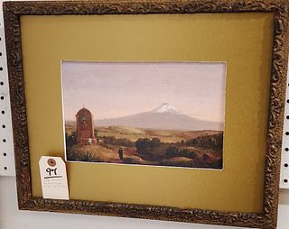 framed print w/ some oil embellishments Mt Etna by Sarah Cole 1846-1852, sister of Thomas Cole