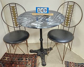 cast iron base marble top table w/pr metal frame chairs