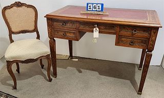 Fr. Inlaid walnut leather top 5 drawer desk w/brass mounts and w/fr. Cane back chair