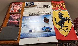 2015 Porshe drivers selection advert calendar, folder 22" x 23-1/2" and Ferrari flag 39" x 51", Ferrari 2007 bk Campioni del Mondo, 2007 Ferrari roddo