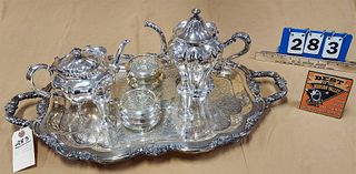 silverplate tray with coffee and tea pots, 6 sterl on glass coasters, pr weighted sterl salt /pepper