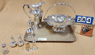tray silverplate English compote w/ handle pitcher, powder shaker, salt/peps