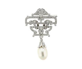 Art Deco Style  18k Gold Diamond Pearl Drop Brooch