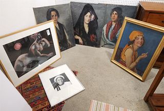 lot 6 pc artwork 30/c portraits 30" x 24", o/c of gypsie 24" x 18", pastel of a woman 17" x 23 1/2", photo of a woman