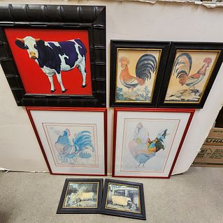 bx artwork pr rooster lithos 14" x 12 1/2", pr rooster prints 9" x 7 1/2, cow litho on canvas 11" x 14" and pr cow litho on canvas 11" x 14" and pr co