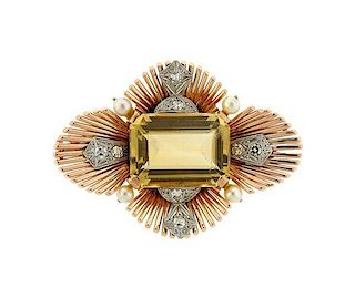 Retro Yard 14K Gold Diamond Citrine Pearl Brooch Pendant