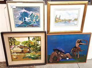 lot 4 pr artwork o/c landscape sgnd M. Alaka 20" x 24", w/c shore scene sgnd D. Denick 9 1/2" x 13 1/2" and Tempra Winslow Homer's 11" x 14", o/c beac