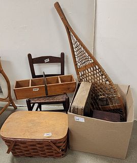 lot prim items- snow shoe sifter grapple hook, mantel clock wks replaced w/ battery picnic basket and pr scenes, child's ladder back cahir and 4 secti