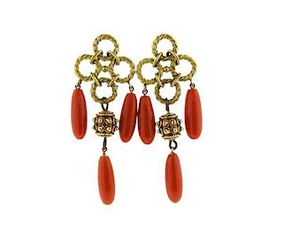 14K Gold Coral Dangle Earrings