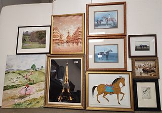 bx 9 pc artwork- print of Eiffel Tower, 22" x 16 1/2" pr horse prints 8 1/2" x 11", o/c Italian street  scene 20 1/2" x17", o/b horse 14" x 18" etc