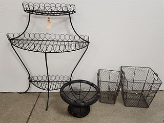 wire 3 tier plant stand 37 1/2" x 30"w x 13"d, 2 wire waste baskets 13"h x 12 1/2" sq and 12" x 9 1/2" sq and wire compote 9 1/2"h x 15" diam