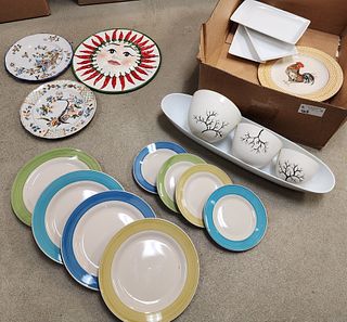 bx dishes- tag oval bowl 8 citrus grove plates, Niderviller rooster plate, 12 1/2" diam, Italian hand ptd pepper sun14" diam bowls