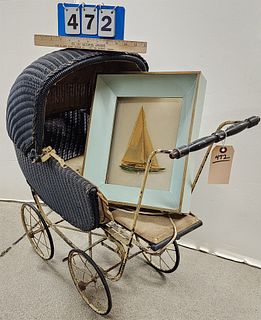 wicker doll carriage and 50's metal frame illuminated wall hanging 