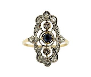 Art Deco 14k Gold Diamond Sapphire Ring