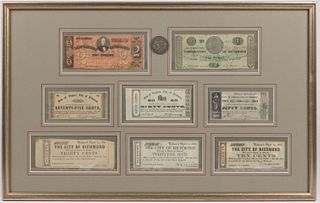 FRAMED RICHMOND CONFEDERATE CURRENCY AND PERUVIAN COIN, LOT OF NINE