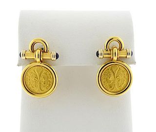 18k Gold Sapphire Coin Earrings