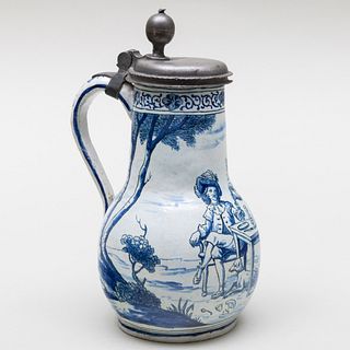 Pewter-Mounted Delft Blue and White Tankard