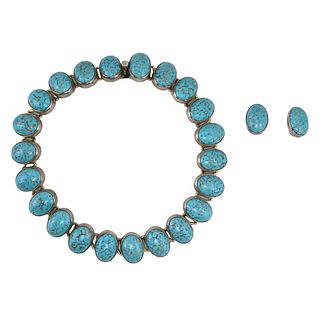 Mexican - Number 8 Turquoise and Taxco Silver Necklace and Clip-on Earrings Set c. 1980s (J90885B-0923-003)