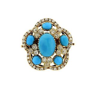 Antique 14k Gold Old Mine Diamond Turquoise Brooch Pendant