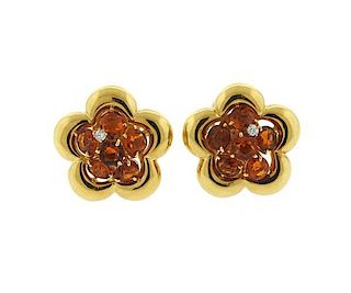 Ivan &amp; Co 18k Gold Citrine Diamond Flower Earrings