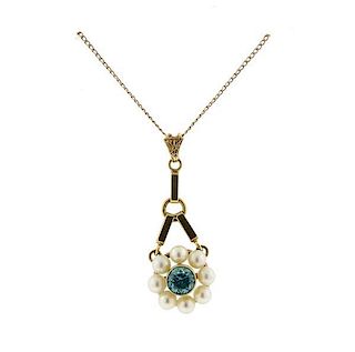 14K Gold Pearl Blue Zircon Dangle Pendant Necklace