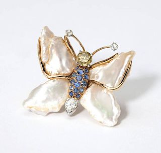 A pearl, gem and gold butterfly brooch, Ruser