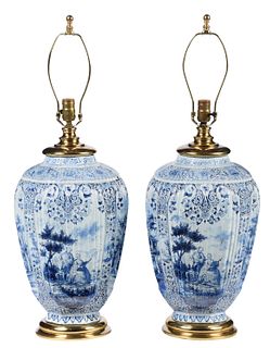 Pair of Large Delft Blue and White Lamps