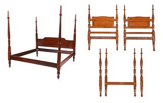 Pair of American Classical Parcel Ebonized Tiger Maple Single Beds and Contemporary Mahogany Bedstead