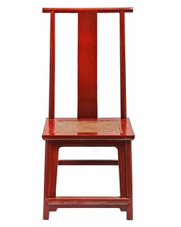 Five Chinese Red High-Back Dining Chairs.