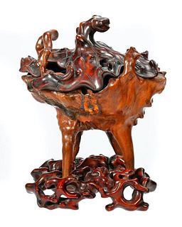 Chinese Burl Root Lidded Box on Stand.