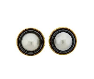 Acciaio Foro 18k Gold Pearl Onyx Button Earrings