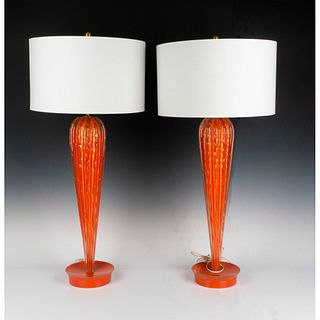 Pair of Mid Century Murano Orange Glass Lamps