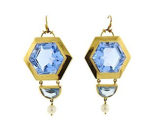 18k Gold Large Blue Stone Pearl Earrings