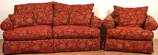 Red Floral Upholstered Sofa And Chair 