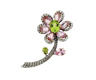 Suarez 18K Gold Diamond Peridot Pink Stone Flower Brooch