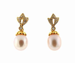 14k Gold Diamond Pearl Dangle Earrings