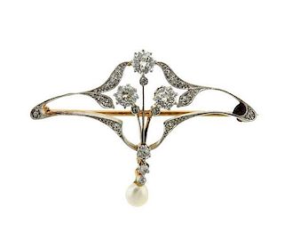 Antique Art Deco 14k Gold Platinum Diamond Pearl Brooch