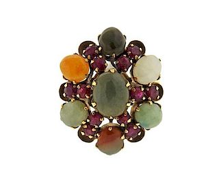 14k Gold Multi Color Jade Red Stone Ring