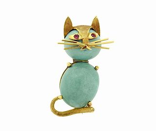 18k Gold Turquoise Red Stone Cat Brooch Pin